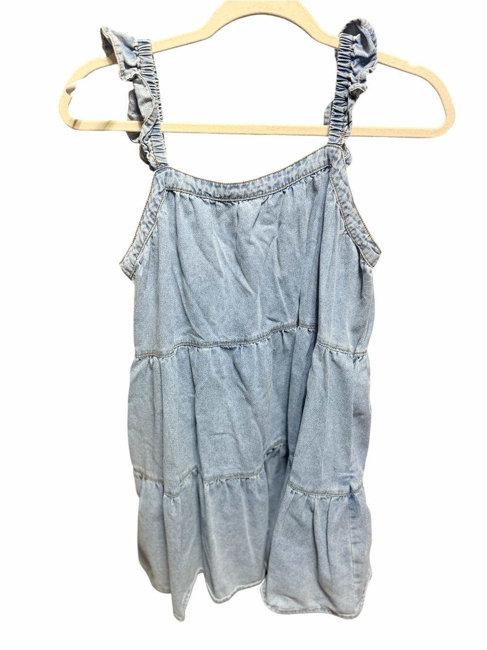 Idem Ditto Light Wash Denim Tiered Mini Dress Ruffle Strap Tie Back Boho Sz M